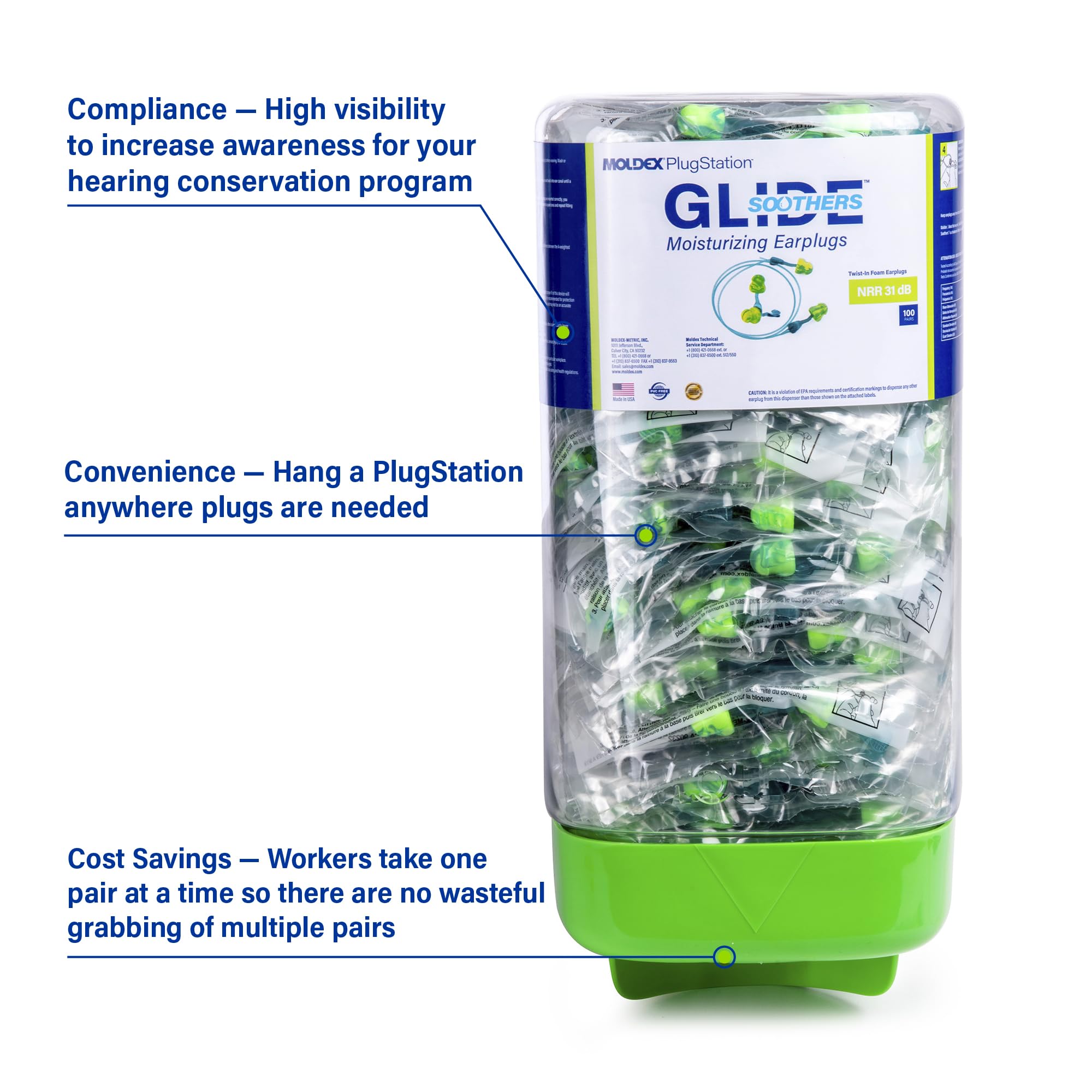 Smooth surface of Glide Moldex Soothers PlugStation for reduced irritation.