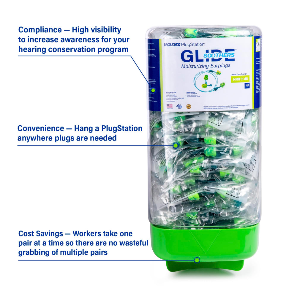 Smooth surface of Glide Moldex Soothers PlugStation for reduced irritation.