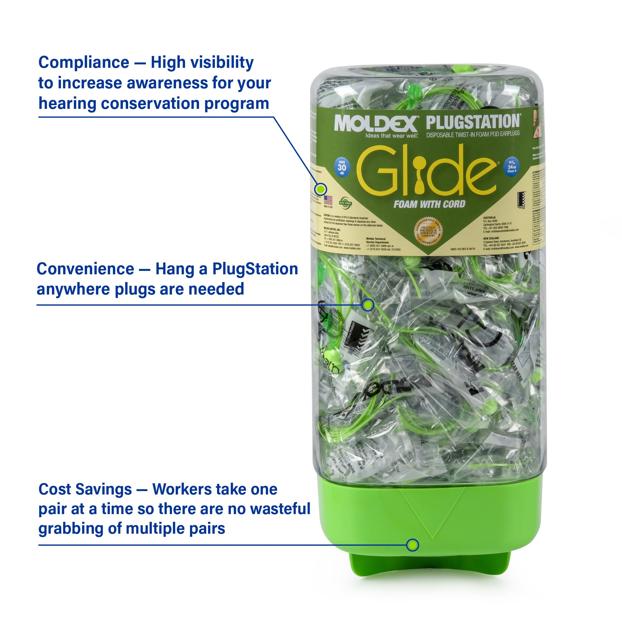Dispenser holding 150 pairs of Glide earplugs for bulk protection