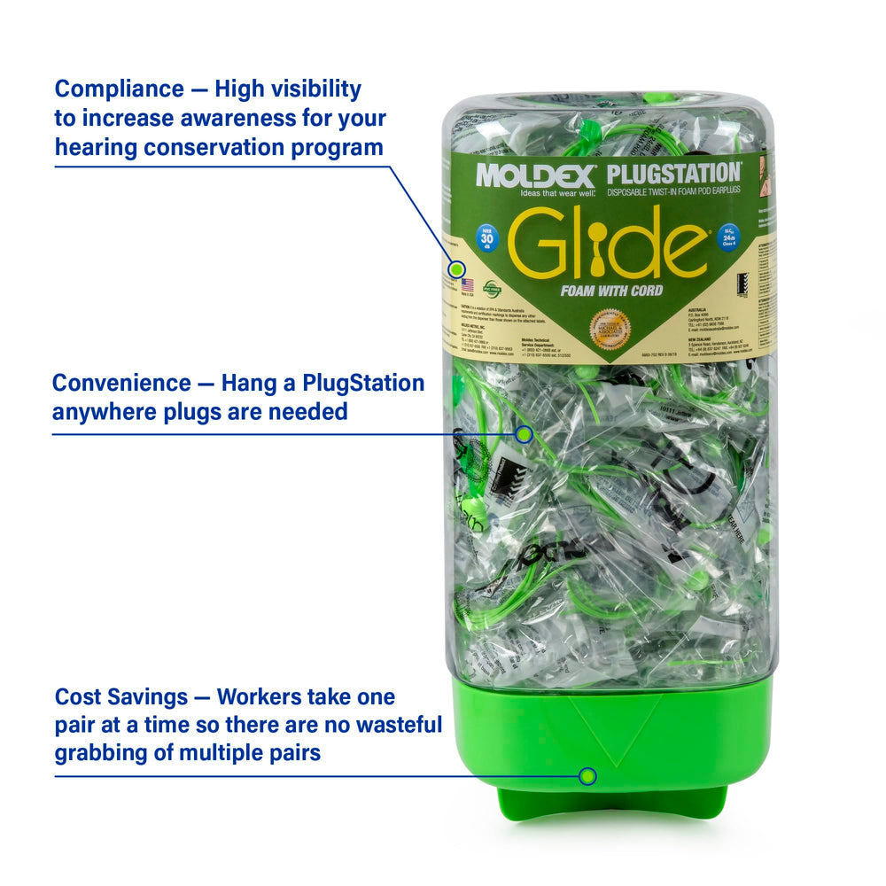 Dispenser holding 150 pairs of Glide earplugs for bulk protection