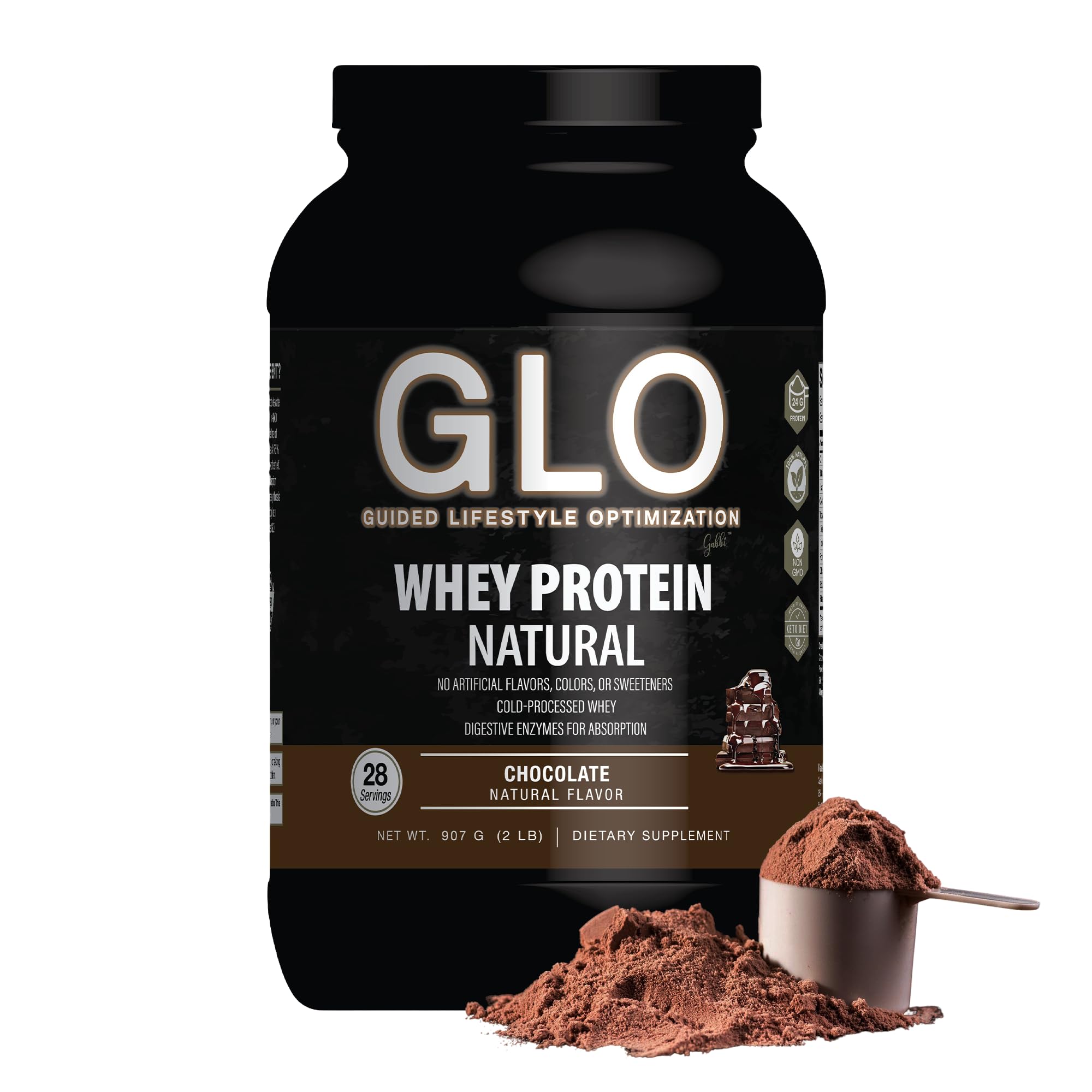 GLO cold-processed whey protein chocolate front label shows purity and premium flavor