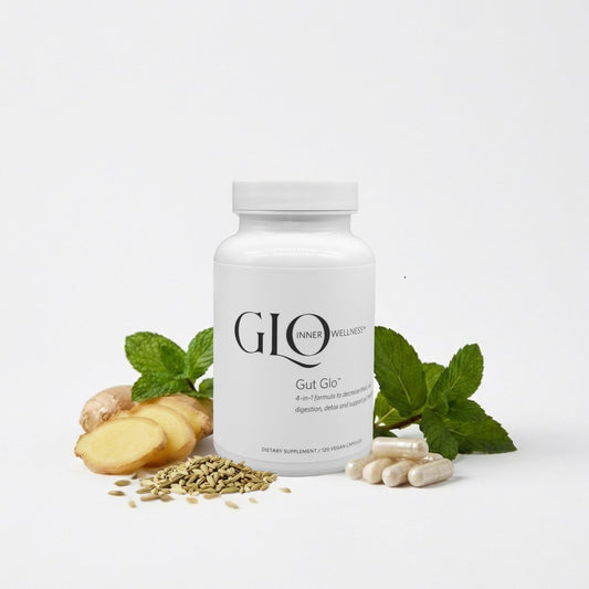 GLO Inner Wellness Gut Glo bottle showing 4-in-1 digestive support for daily relief
