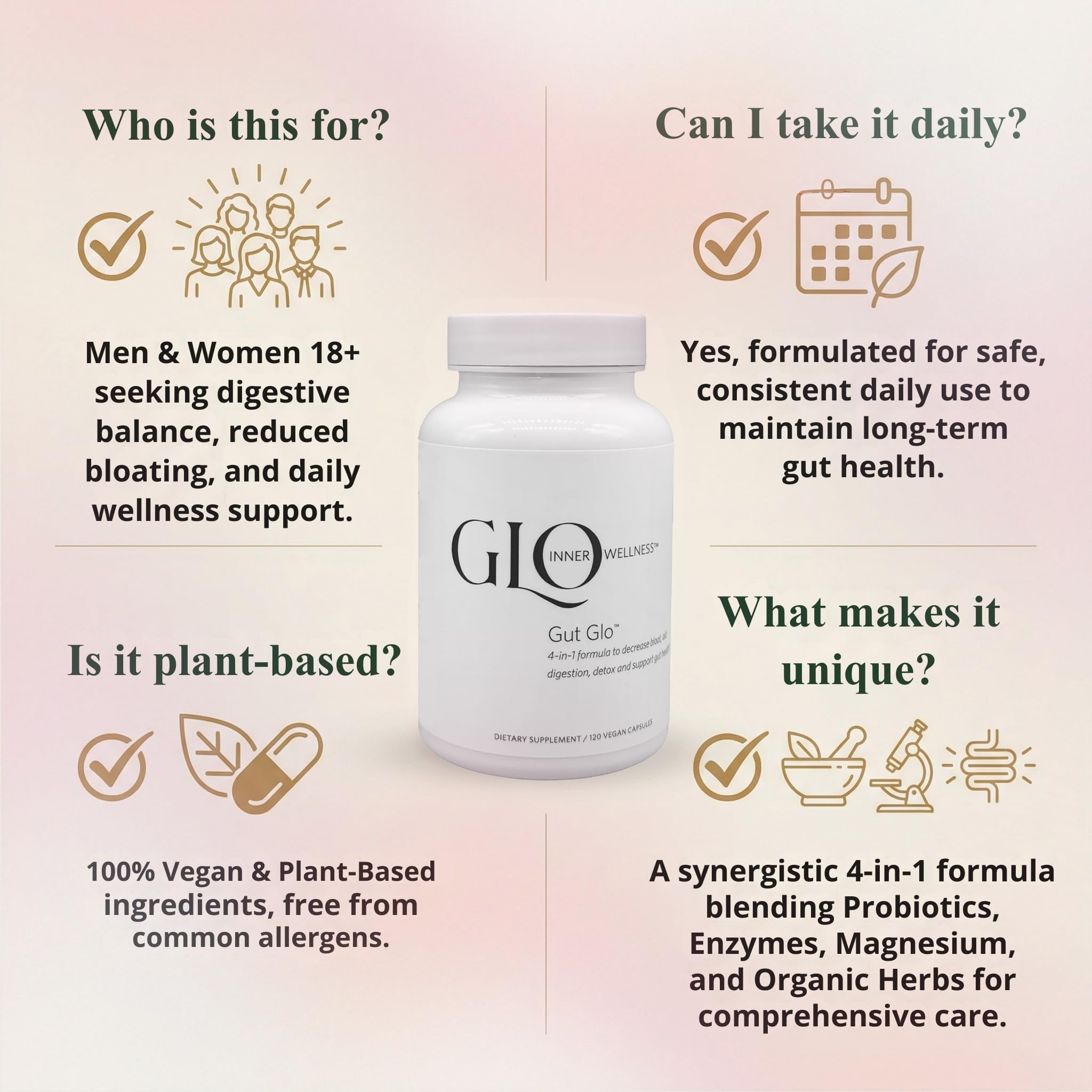 Daily-use scene with water and Gut Glo capsules for convenience