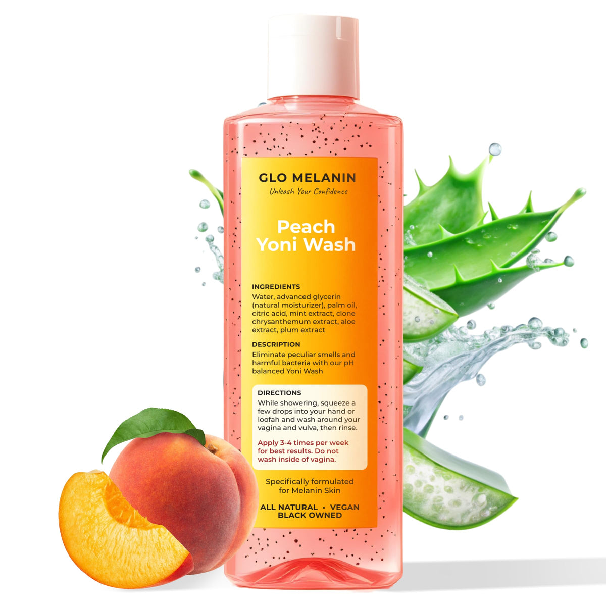 Glo Melanin Peach Yoni Wash bottle shown for gentle, pH-balanced care for sensitive skin.