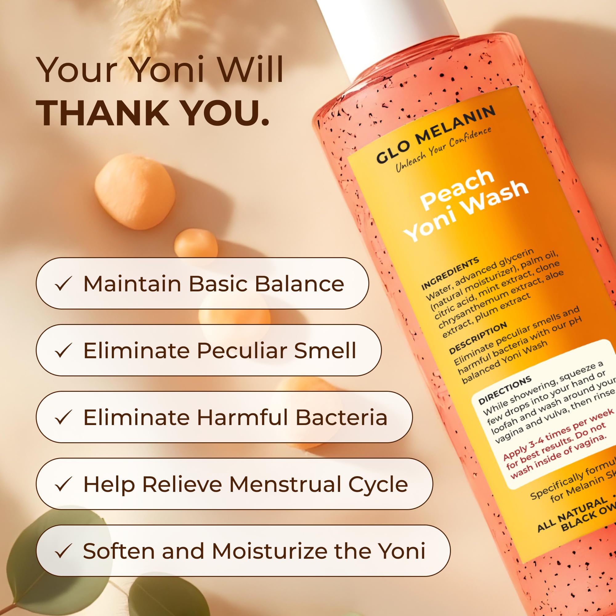 Glo Melanin Peach Yoni Wash ingredients close-up emphasizing natural formula.
