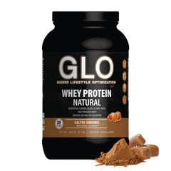 GLO salted caramel whey bottle demonstrates premium post-workout protein.