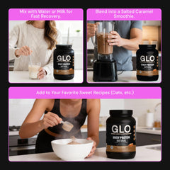 GLO salted caramel shake pouring into glass with rich flavor.