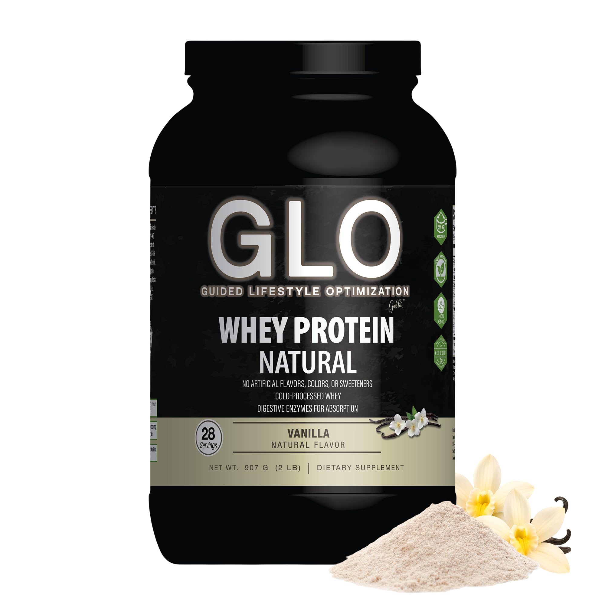 GLO vanilla whey powder bag with cold-processed purity for quick absorption