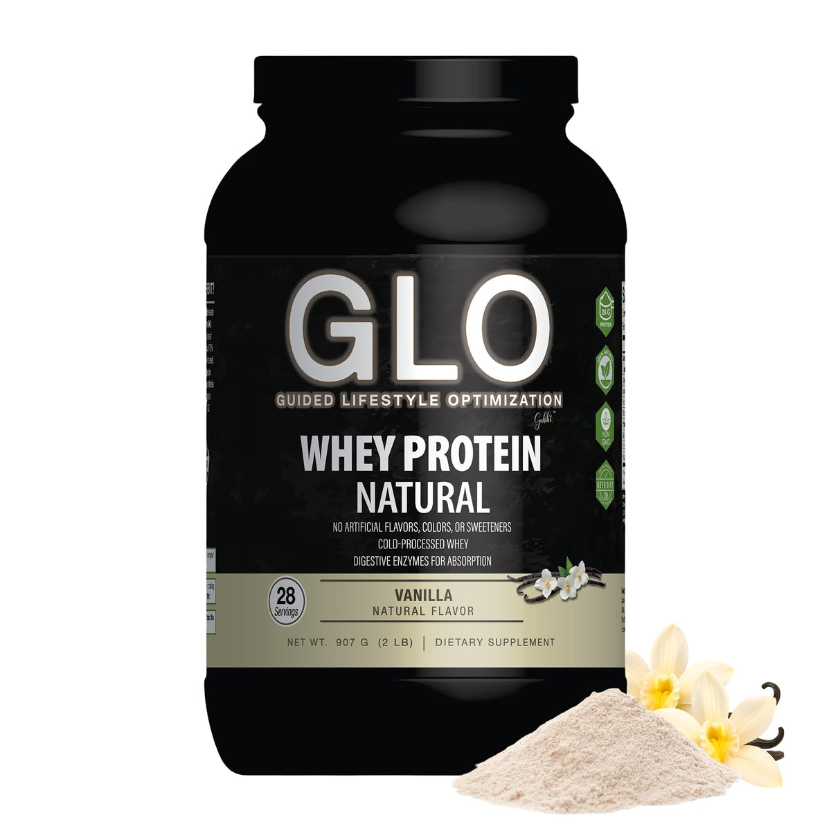 GLO vanilla whey powder bag with cold-processed purity for quick absorption
