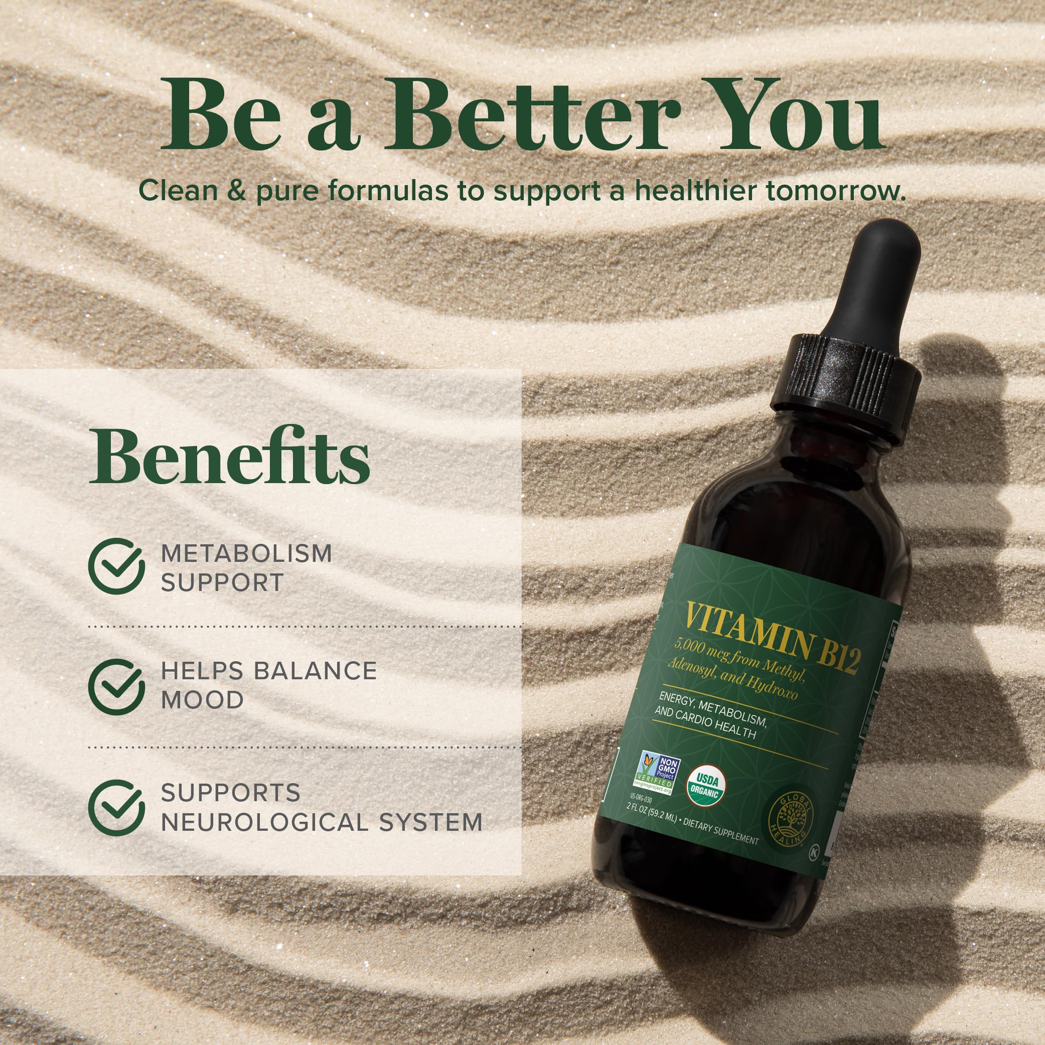 Global Healing Center B12 5000 mcg bottle pour for controlled dosing