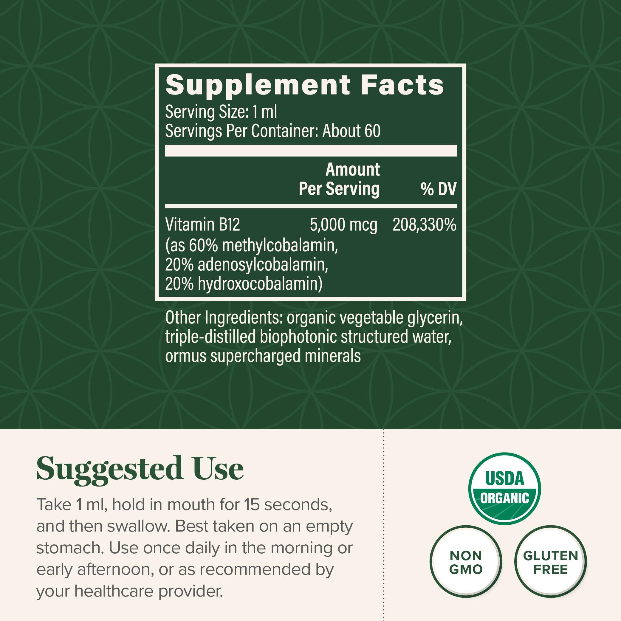 Global Healing Center B12 5000 mcg label close-up highlighting ingredients