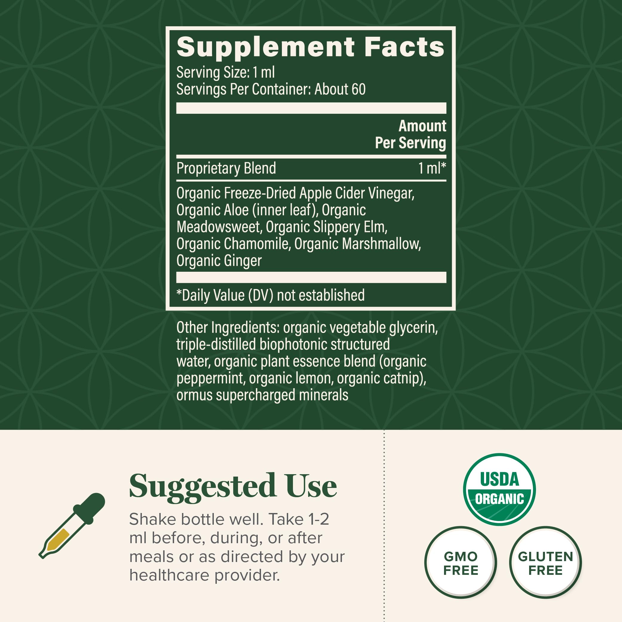 Global Healing Center Acid Reflux Relief ingredients highlight slippery elm and chamomile