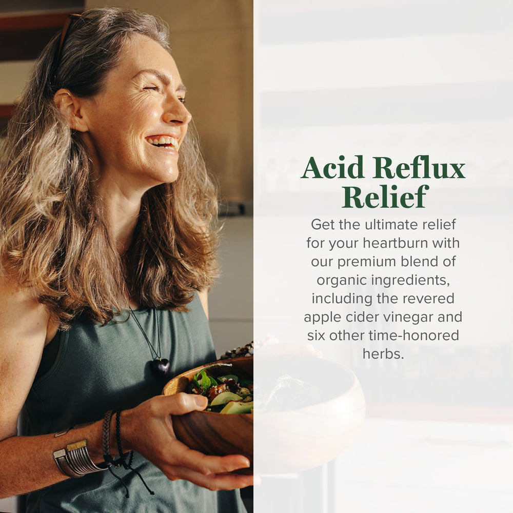 Global Healing Center Acid Reflux Relief bottle pour demonstrating quick, gentle liquid relief