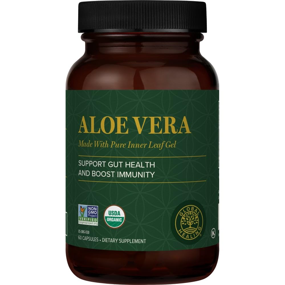 Global Healing Center Aloe bio-active bottle close-up with 200x concentrate for gut support