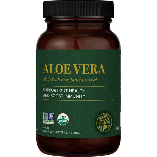 Global Healing Center Aloe bio-active bottle close-up with 200x concentrate for gut support