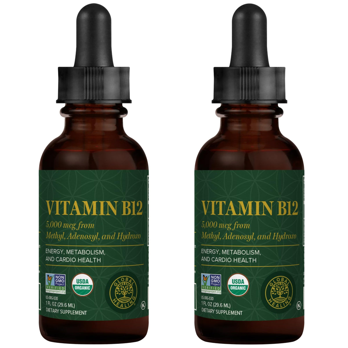 Global Healing Center B12 drops bottle highlighting 5000 mcg potency.