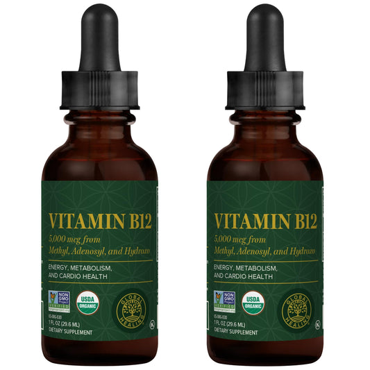 Global Healing Center B12 drops bottle highlighting 5000 mcg potency.