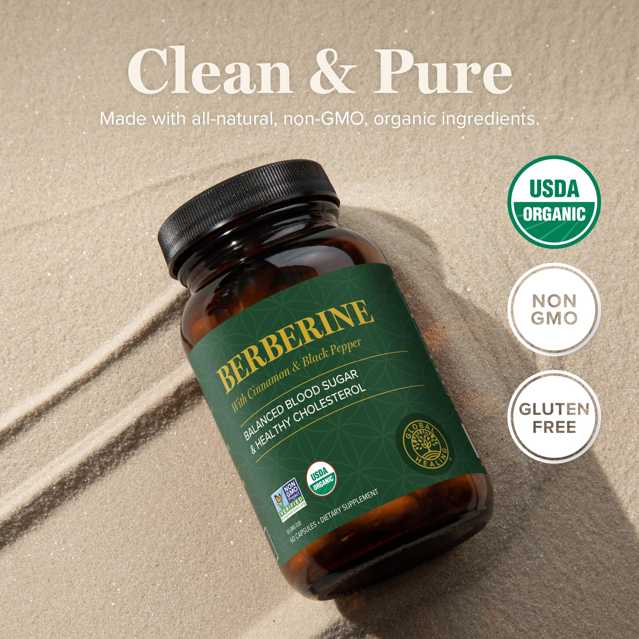 Global Healing Center berberine capsules highlighting enhanced absorption through black pepper.