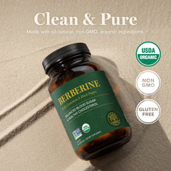Global Healing Center berberine capsules highlighting enhanced absorption through black pepper.