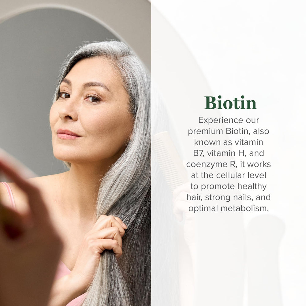 Global Healing Center Biotin bottle label closeup highlighting organic ingredients for absorption.