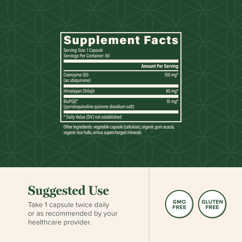 Global Healing Center bottle label emphasizing energy and mitochondrial support.