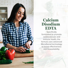 Global Healing Center calcium disodium EDTA bottle with glass and water demonstrates easy daily mixing.