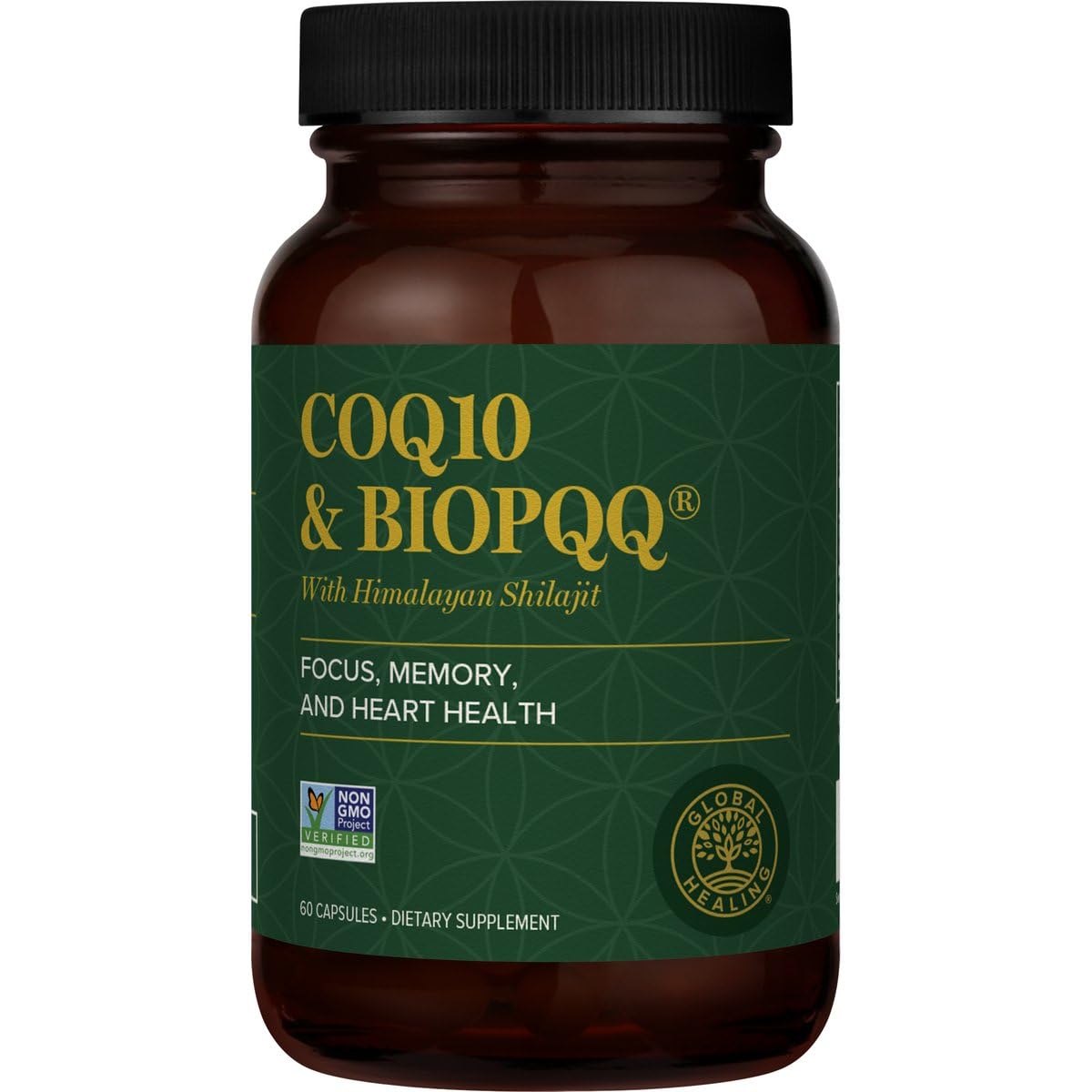 Global Healing Center CoQ10 bottle highlighting energy and heart support benefits.