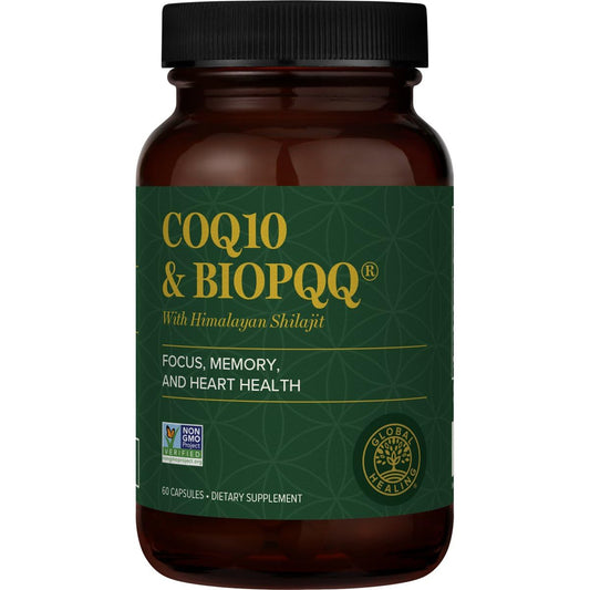 Global Healing Center CoQ10 bottle highlighting energy and heart support benefits.