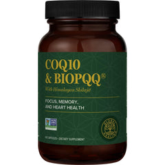 Global Healing Center CoQ10 bottle highlighting energy and heart support benefits.