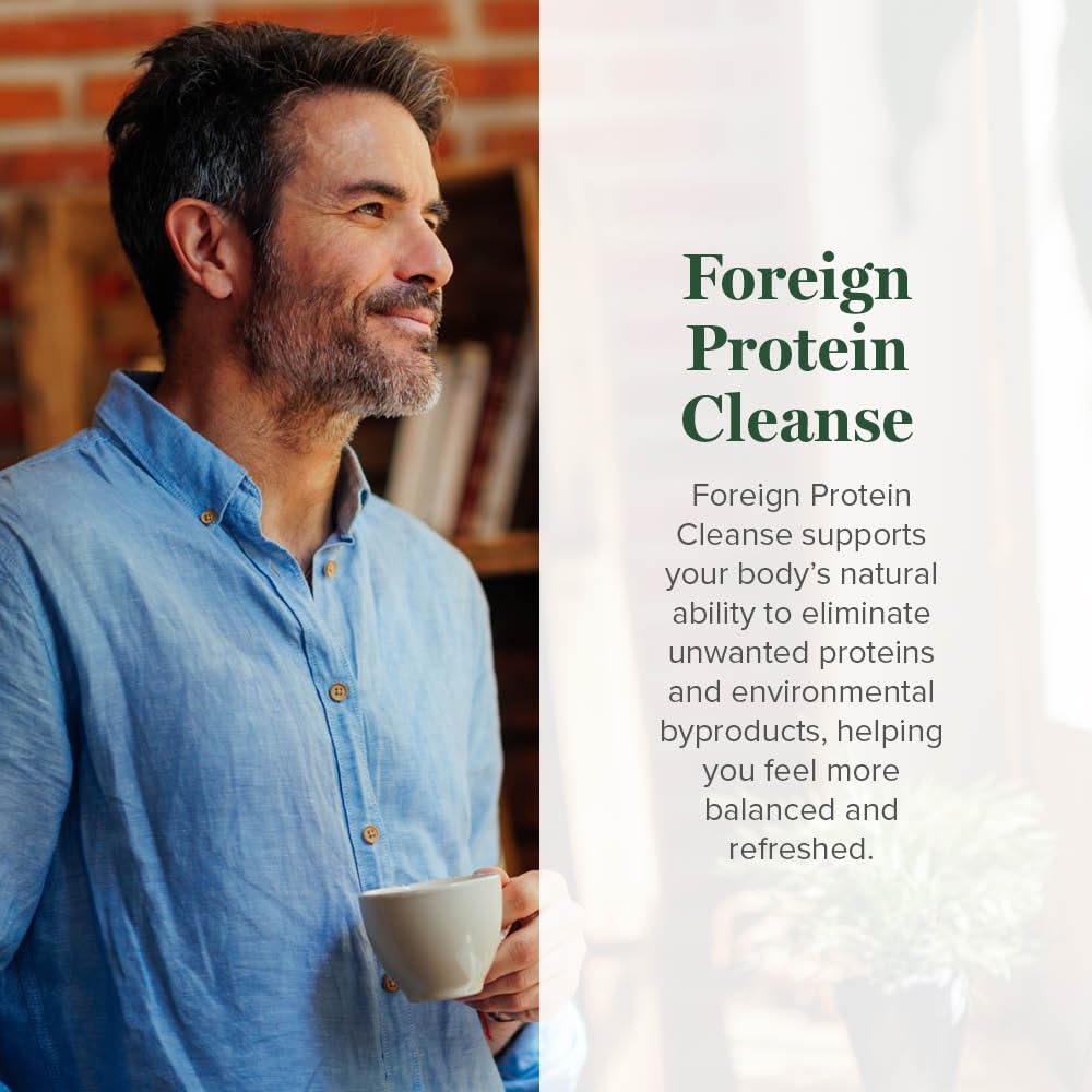 Global Healing Center Foreign Protein Cleanse bottle back label highlights ingredients for immune and respiratory support.