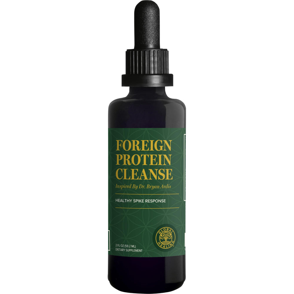Global Healing Center Foreign Protein Cleanse bottle front shows a spike protein support formula for immune comfort.
