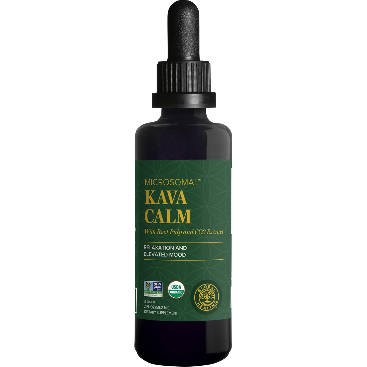 Global Healing Center Kava Calm, botella con vertido, calma suave para relajarse.