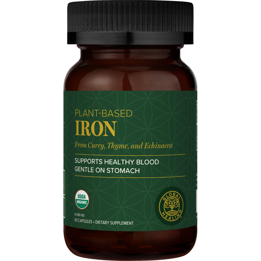 Global Healing Center liquid iron bottle front view highlighting natural iron source for energy support.