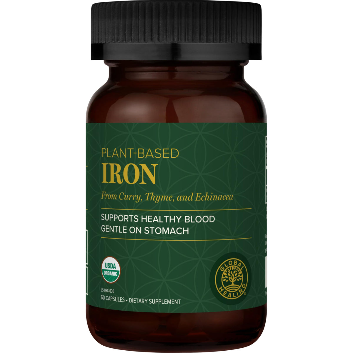 Global Healing Center liquid iron bottle front view highlighting natural iron source for energy support.