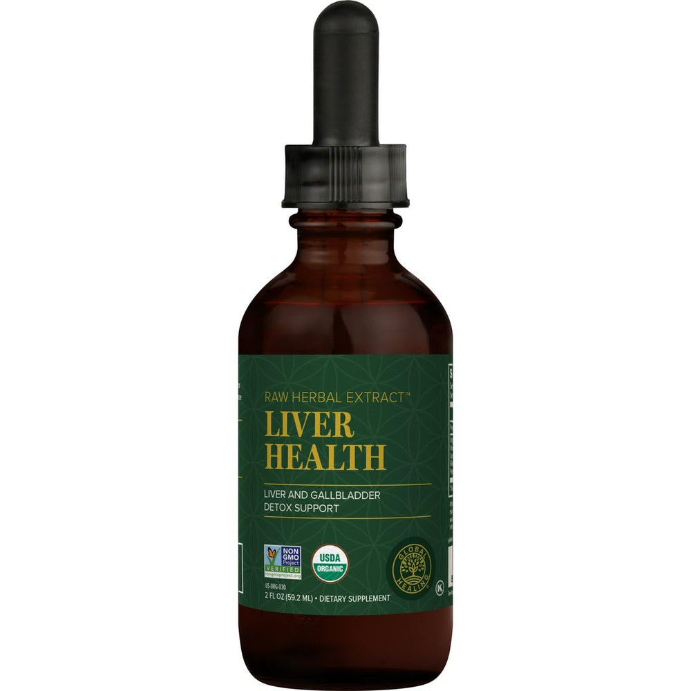 Global Healing Center Liver Health bottle shows label for liver support and detox routines.