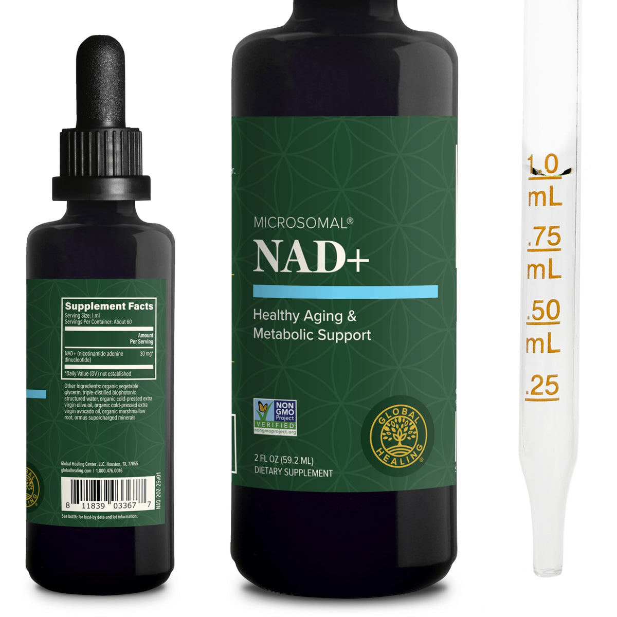 Global Healing Center NAD Drops bottle highlights convenient sublingual delivery for potentially faster absorption.