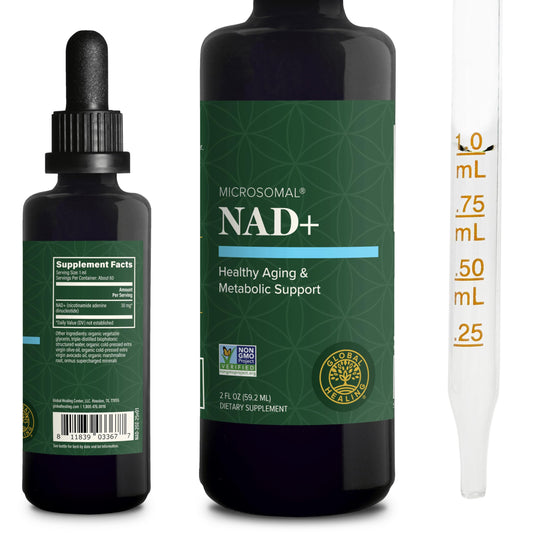 Global Healing Center NAD Drops bottle highlights convenient sublingual delivery for potentially faster absorption.