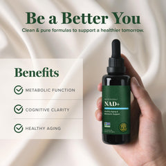 Global Healing NAD liquid bottle demonstrates smooth texture suitable for sublingual application.