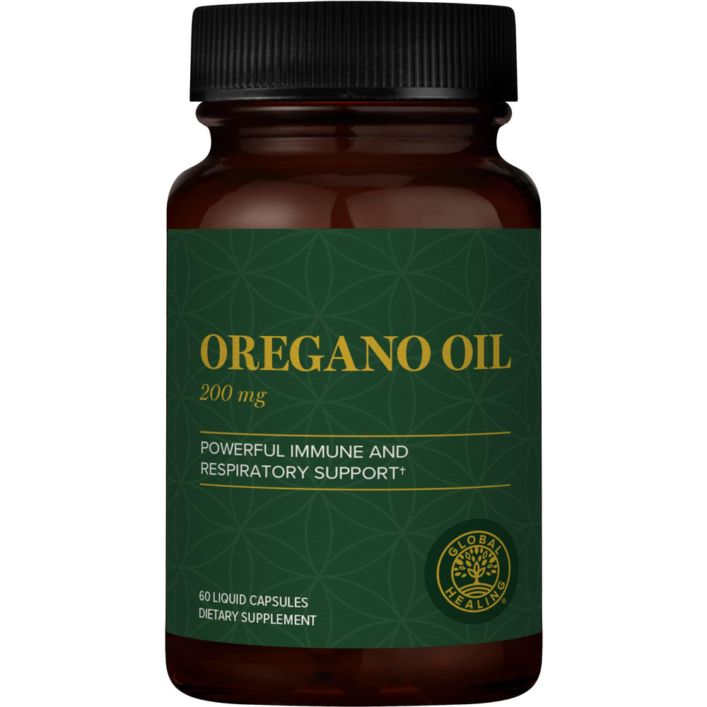 Global Healing Center oregano oil capsules bottle front for easy immune support