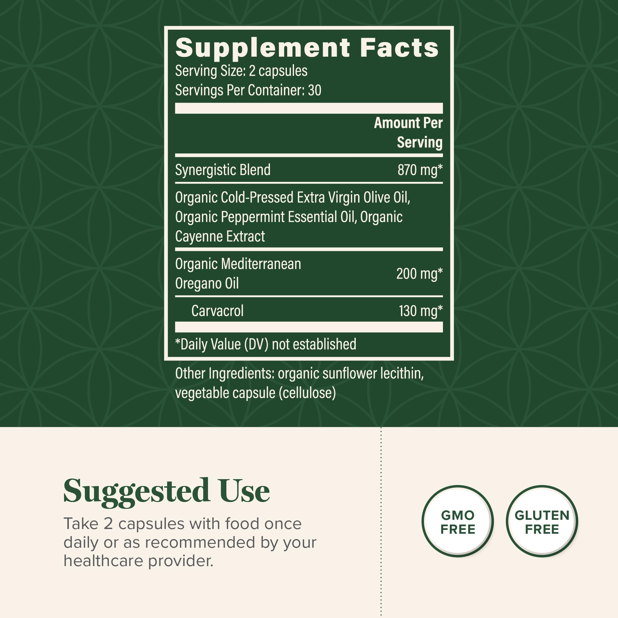 Global Healing Center oregano oil capsules label lists organic ingredients