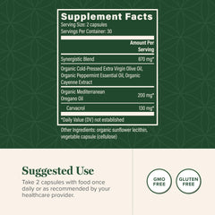 Global Healing Center oregano oil capsules label lists organic ingredients