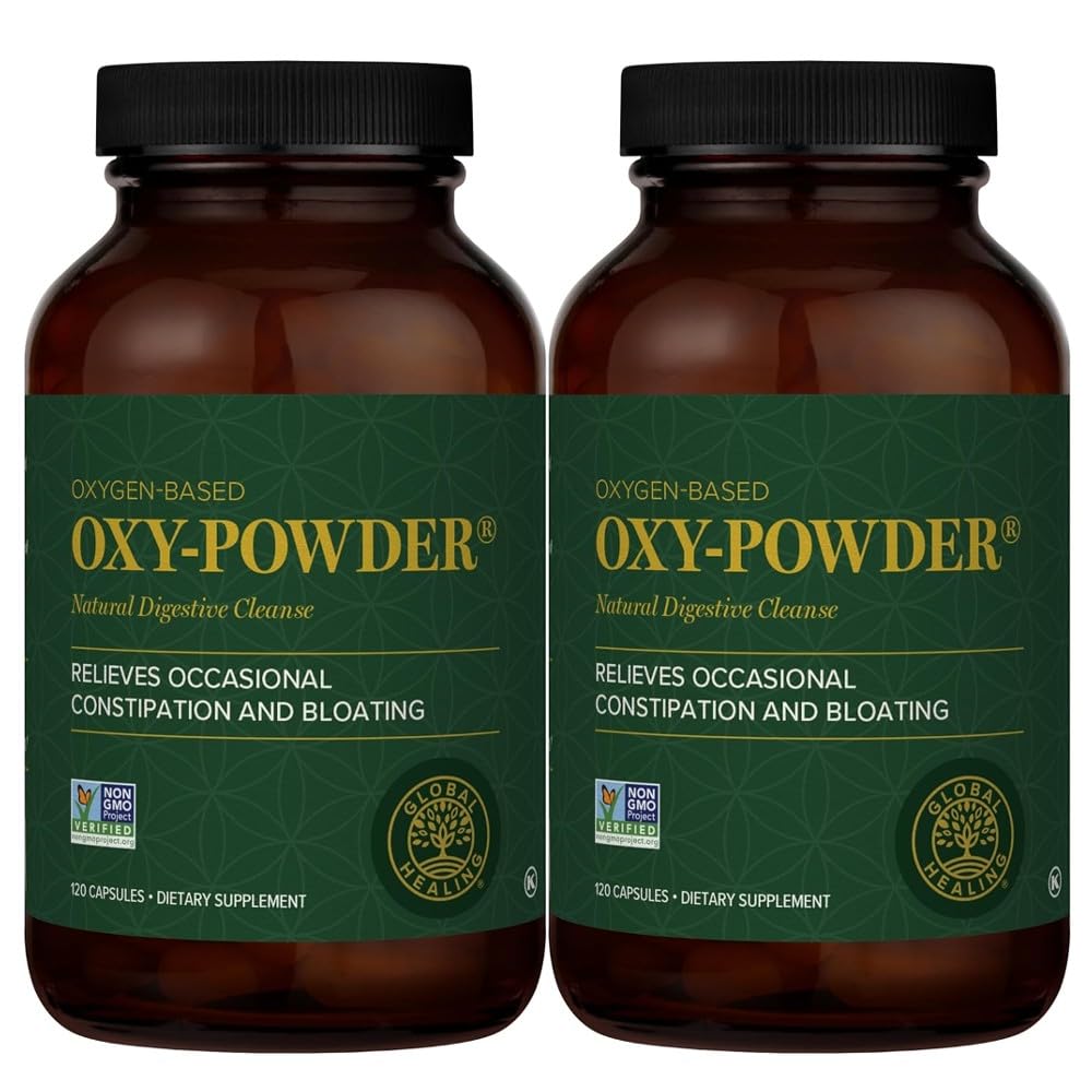 Global Healing Center Oxy-Powder bottle front showing capsules for gentle cleansing.
