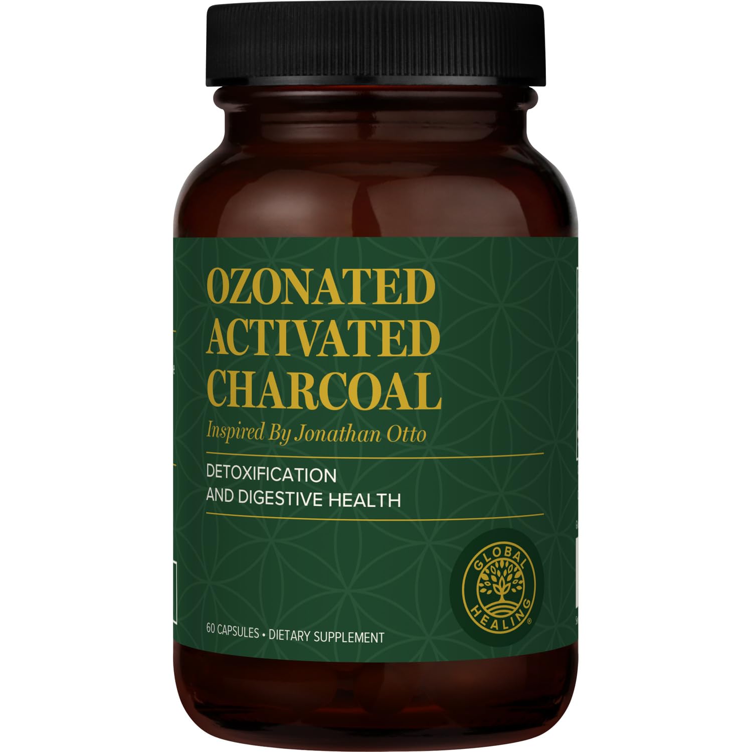 Global Healing Center ozonated activated charcoal powder bottle supports gentle daily detox and digestion.