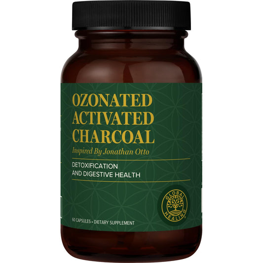Global Healing Center ozonated activated charcoal powder bottle supports gentle daily detox and digestion.