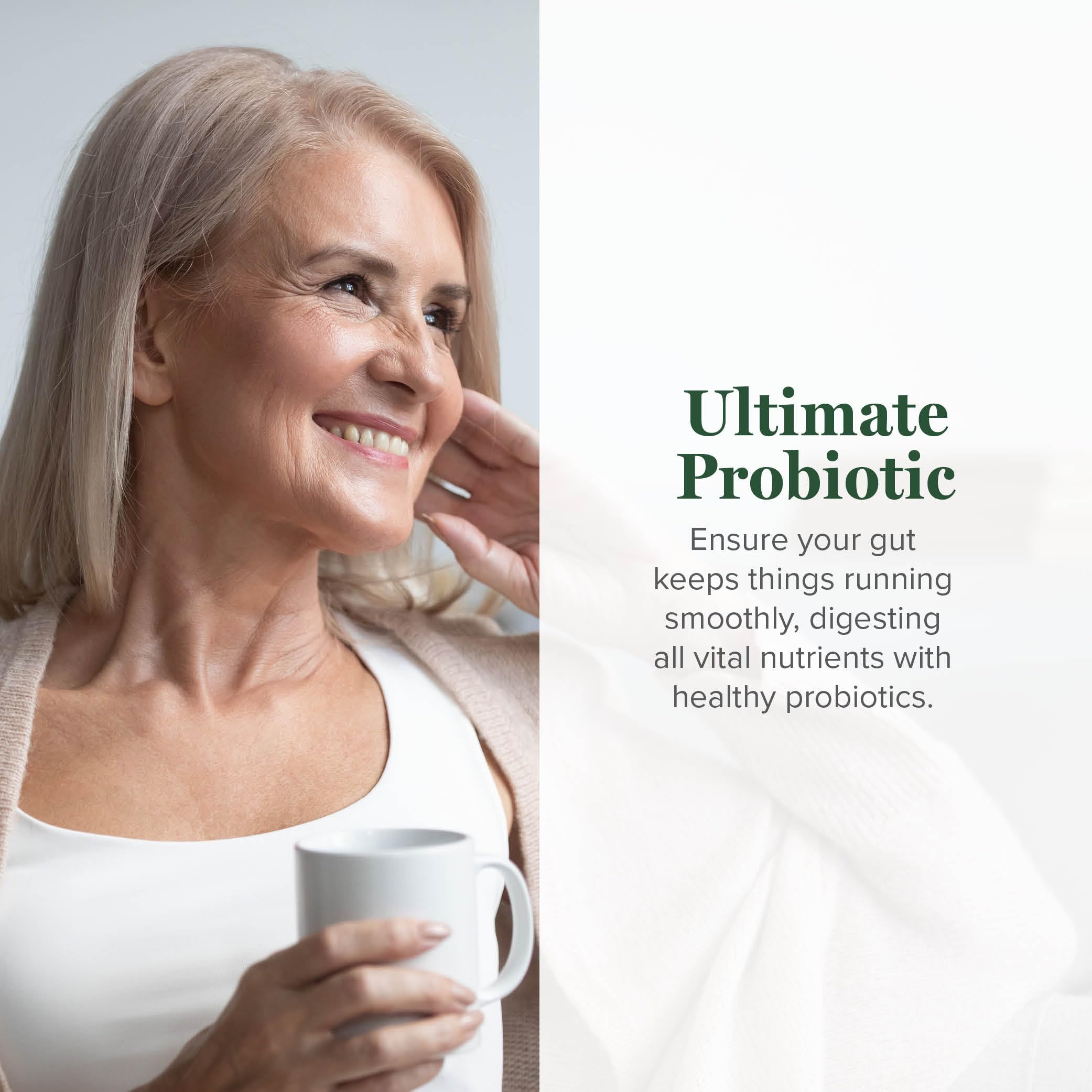 Capsules close-up emphasizes the probiotic formulation and capsule quality.