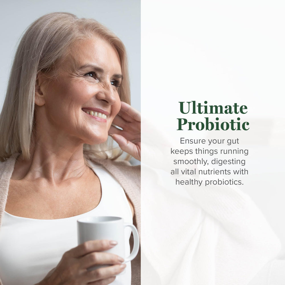 Capsules close-up emphasizes the probiotic formulation and capsule quality.