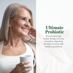 Capsules close-up emphasizes the probiotic formulation and capsule quality.