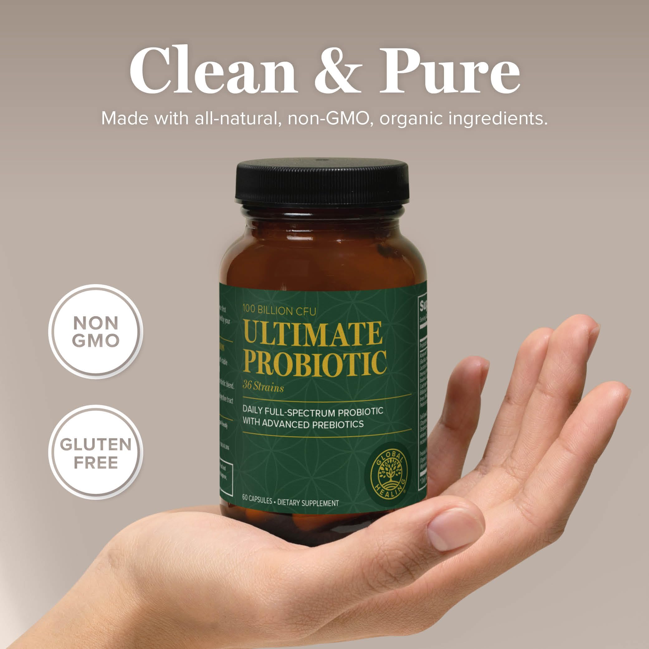 Ingredients label highlights 25 probiotic strains with prebiotic blend.
