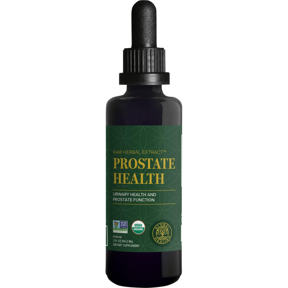 Global Healing Center Prostate Health bottle with capsules promoting urinary comfort.