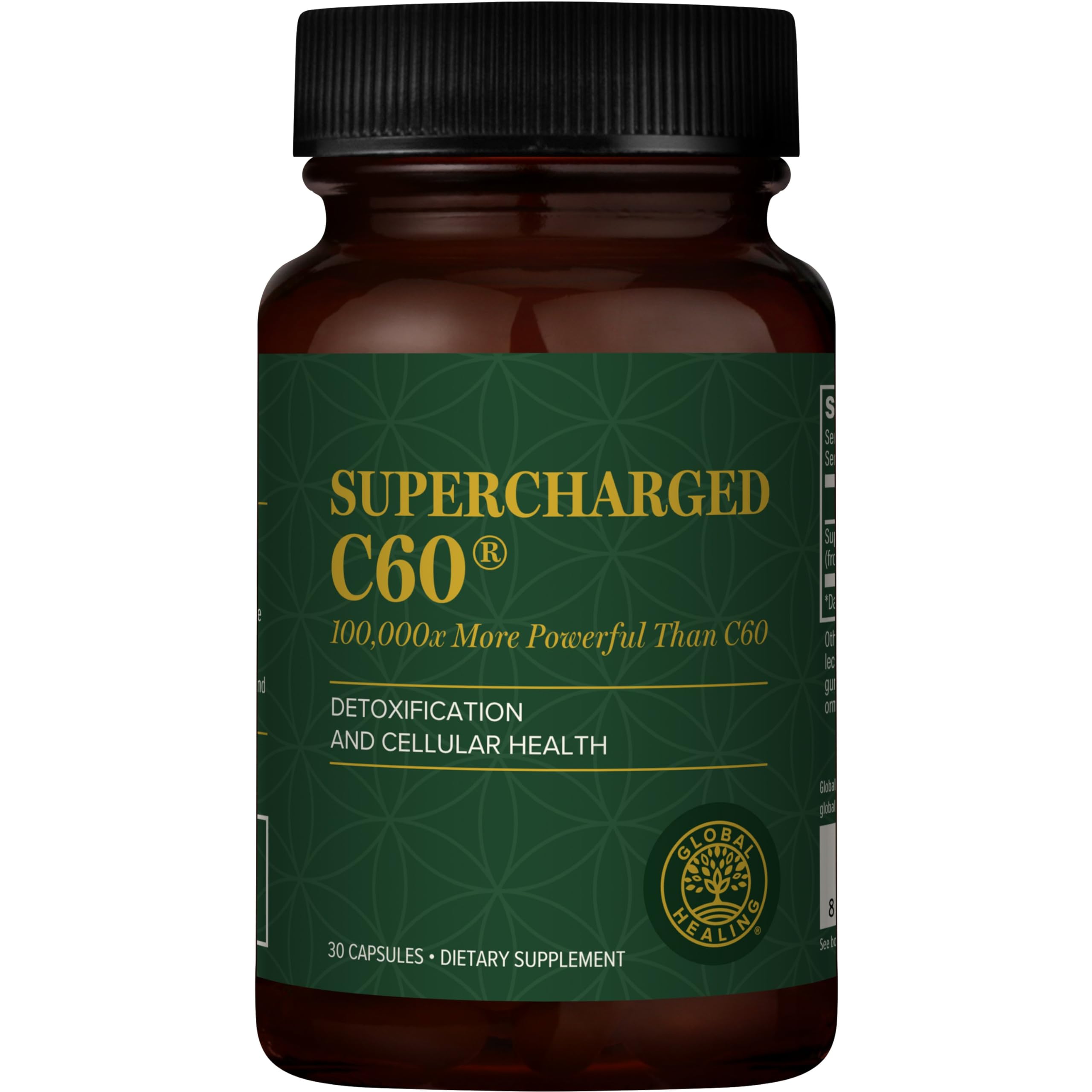 Global Healing Center Supercharged C60 bottle on display, suggesting antioxidant support.
